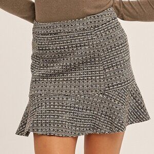 HEM & THREAD Black & White Tweed Mini Skirt, Ruffle Hem High-Waist Skirt